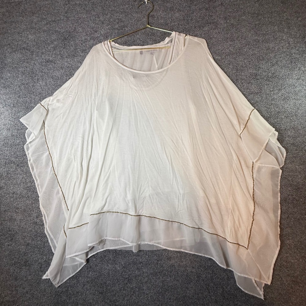Jennifer Lopez Womens XL White Poncho Top Mesh Chiffon Trim Oversized Boho Top